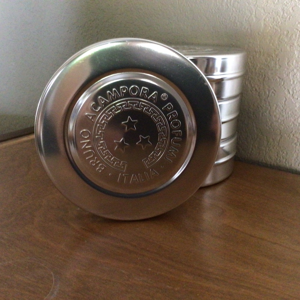 4 Empty round metal containers, Bruno Acampora Profumi Italia